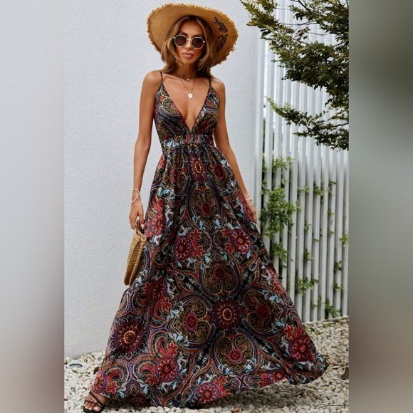 New Flowy Boho Scarf Print Maxi Dress Plunge V Neck Halter Long Red Blue Black - Picture 5 of 7